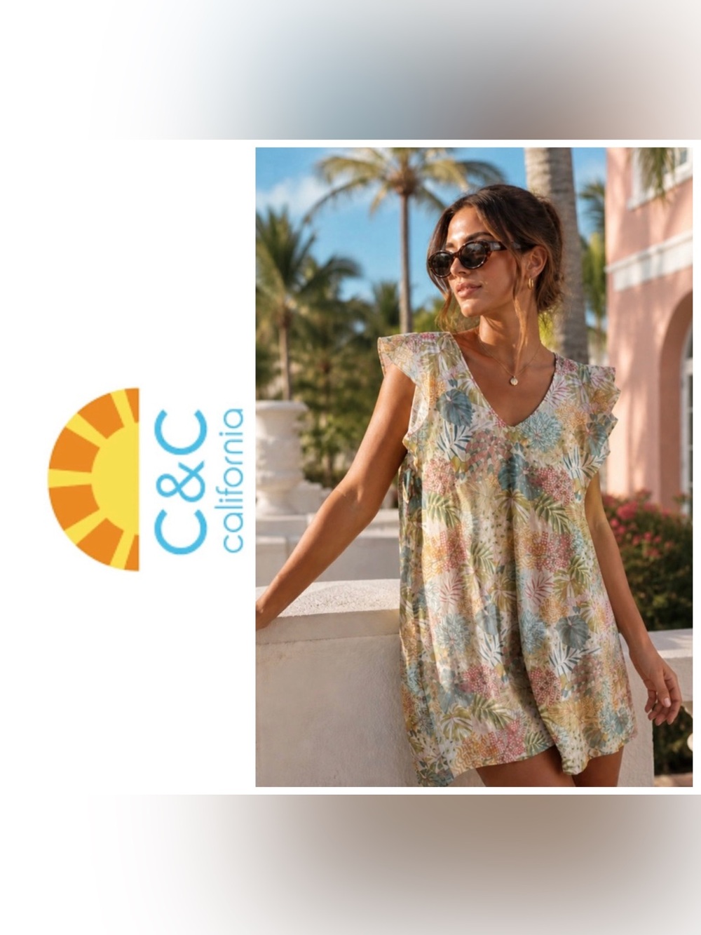 C&C California 100% linen shift dress + flutter sleeves + v neck